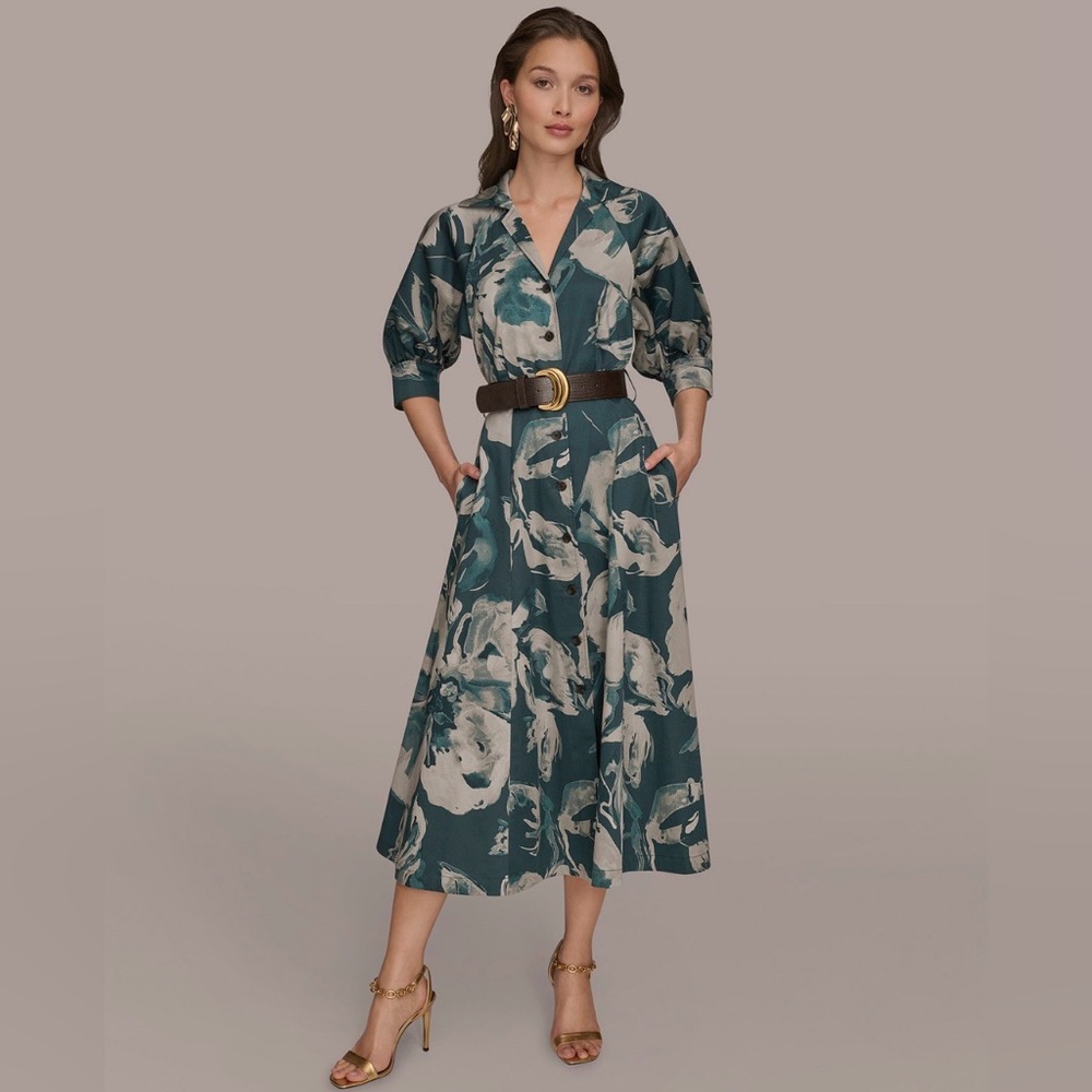 NWT Donna Karan Cotton Floral Shirt Dress, Sz 10, Hudson/Sage Multi, $189